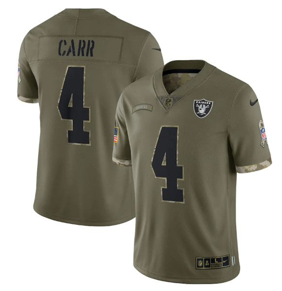 Men's Las Vegas Raiders #4 Derek Carr 2022 Olive Salute To Service Limited Stitched Jersey - Click Image to Close